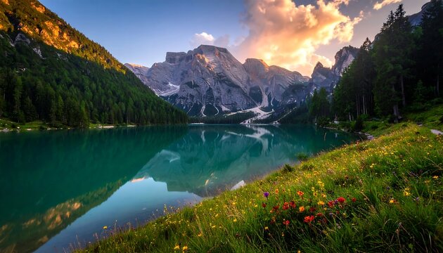 Serene mountain lake at sunrise, reflecting the vibrant sky and peaks in its still waters. A beautiful alpine landscape with lush greenery, colorful wildflowers, and tranquil ambiance.