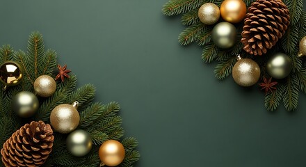 Illustration of festive christmas greenery with golden and green baubles and pine cones, a beautiful holiday decoration
