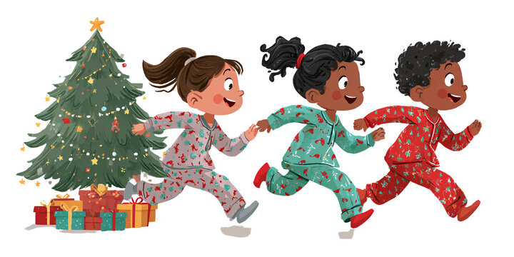 Excited multiracial children running in pajamas near Christmas tree and gifts Illustration of happy kids anticipating Christmas morning Concept of holiday, childhood, and celebration