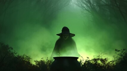 Faceless witch in a wide-brimmed hat stirring a bubbling cauldron, glowing green mist rising into a haunted forest. faceless witch art, faceless Halloween witch, creepy faceless so - Powered by Adobe