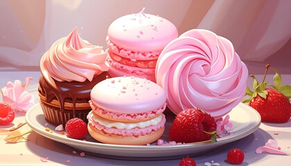 A delightful array of pastel-colored desserts, including macarons, a cupcake, and a meringue, arranged on a plate, bathed in soft light, creating a sweet and charming atmosphere.
