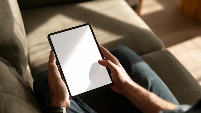 Closeup of hands holding a tablet with empty display, perfect for mockups or design presentations. Cozy home environment highlights digital connectivity and relaxation