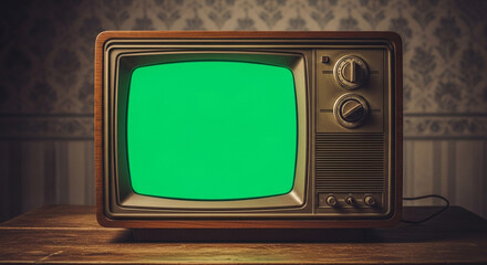 Classic vintage television with a bright green screen ready for your custom content on a charming wooden table, evoking nostalgic vibes.