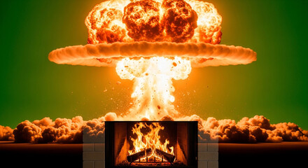 Witness the intense contrast of a massive mushroom cloud explosion towering over a serene, crackling fireplace, blending chaos with comfort.