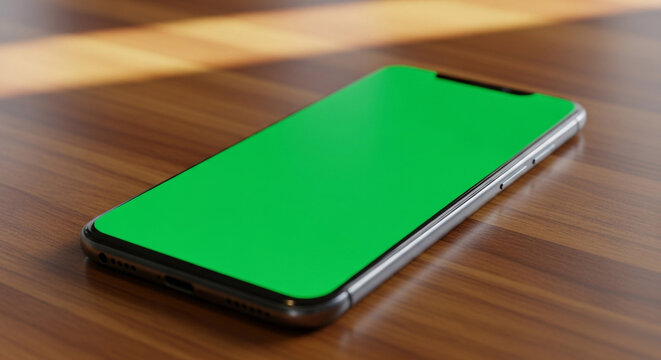 Sleek modern smartphone with a vibrant green screen lies on a rich wooden table, ideal for showcasing your digital content and apps. - Powered by Adobe