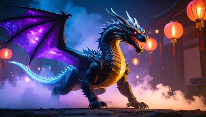Majestic Dragon with Glowing Wings in a Fantasy Setting with Lanterns