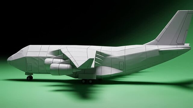 Low-poly cargo transport airplane model photographed in studio with green backdrop multi-angle views.