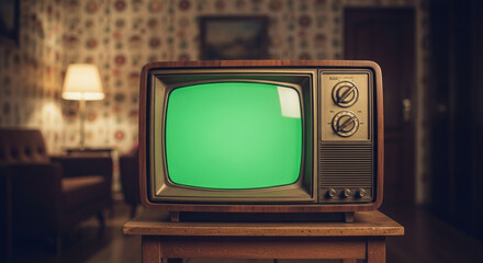 Capture a charming retro vibe with this vintage television featuring a customizable green screen, ideal for dynamic advertising and media projects.