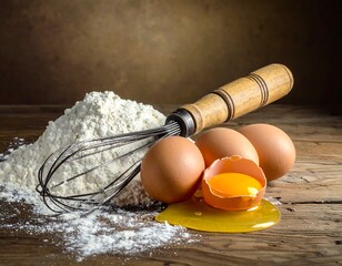 A still life composition showcases a pile of flour, eggs, and a whisk, set on a rustic wooden surface.