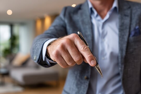 Realtor pointing with pen in a modern living space, highlighting an important contract or deal negotiation during a property transaction - Powered by Adobe