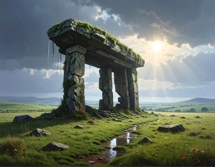 Ancient stone archway stands sentinel over a sun-drenched grassy plain, bathed in soft light and shrouded by a dramatic sky.