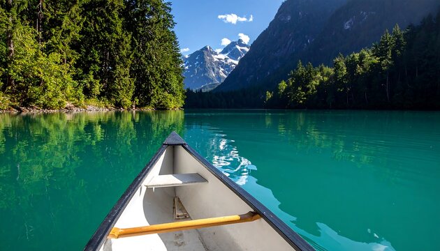 Tranquil turquoise lake scene, a canoe glides through serene waters, reflecting surrounding mountains and lush greenery.