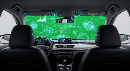 Experience the innovative future of autonomous driving with a smart car interior showcasing dynamic holographic data displays and AI technology