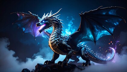 Majestic Mythical Creature Standing on Rock with Glowing Eyes and Wings