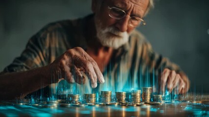 Senior male focused on organizing gold coins, illuminated by futuristic digital effects symbolizing fintech innovation, wealth management. Highlights themes pension planning, cryptocurrency trends - Powered by Adobe
