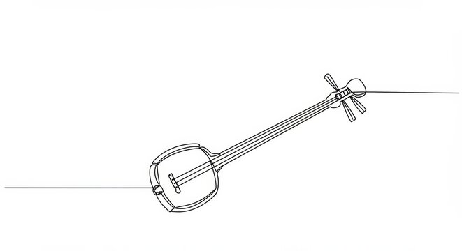 Elegant minimalist line art illustration of a traditional shamisen instrument