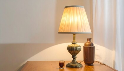 A muted, warm-toned table lamp with a pleated shade sits beside a decorative, antique-looking copper-colored vase on a light-brown wooden surface.