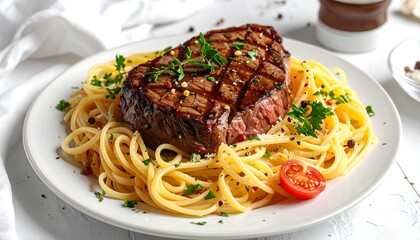 Grilled steak with spaghetti and cherry tomatoes on a white plate, showcasing a rich, savory meal.
