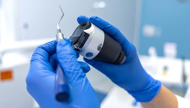 Close-up of a person wearing blue gloves, holding dental tools with a focus on maintenance and precision