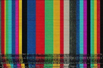 Fototapeta na wymiar Retrostyle technical difficulties screen displaying colorful pixelated patterns and stripes reminiscent of vintage television static from the 1980s