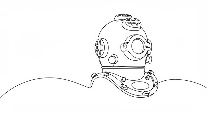 Elegant line art featuring a vintage diving helmet on white backdrop