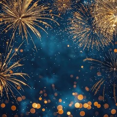 Golden Fireworks Exploding Over Glowing Blue Background