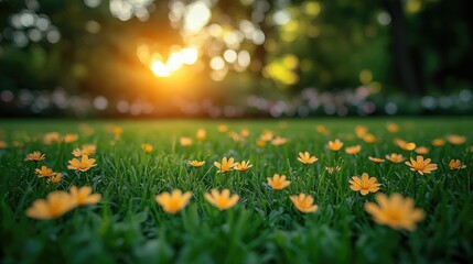 Obraz premium Vivid Green Lawn with Bright Flowers in Sunny Park