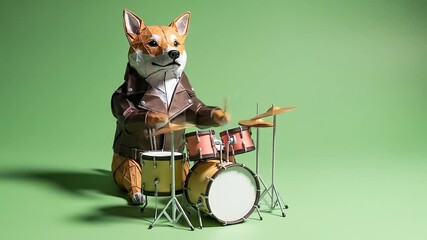 Paper fox drummer in leather jacket playing miniature drum kit on green backdrop. - Powered by Adobe