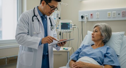 Attentive physician reviewing test results with senior female patient