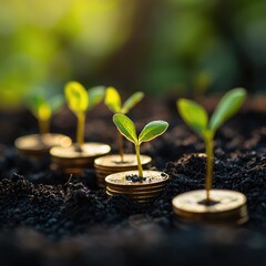 Golden Coins Nurturing Small Plants in Sustainable Soil