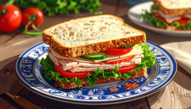 A delectable sandwich, layered with colorful ingredients, sits artfully on a decorative plate.