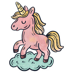 Cute cosmic unicorn resting on a fluffy cloud. Hand-drawn doodle illustration in pastel colors, magical cartoon style, perfect for posters, stickers, cards, and kids design.