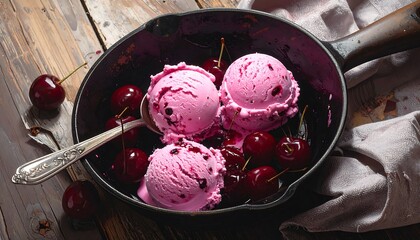 Pink cherry ice cream scoops in a vintage cast iron skillet, surrounded by fresh cherries, sitting on a rustic wooden table.