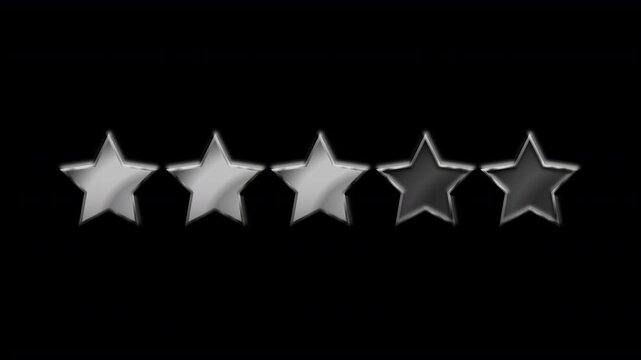 3 three stars out of 5 five star animation plus shiny silver metallic textures & small tiny sparkles with light sweep sheen 4K animation with transparent alpha background