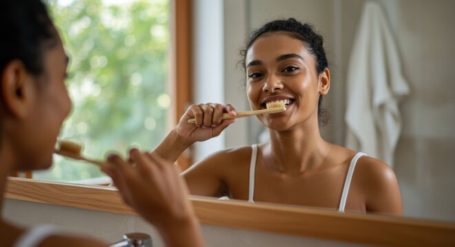 Radiant woman embraces eco-friendly oral hygiene with bamboo toothbrush