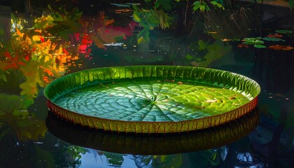 A vibrant, circular giant water lily leaf rests serenely on dark water, showcasing intricate veining and reflecting surrounding foliage in a tranquil botanical scene.