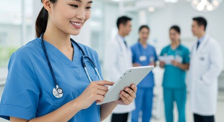 Dedicated asian nurse using tablet in hospital with medical team behind her