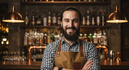 Fototapeta premium Confident smiling bartender with beard at bar ready to serve cocktails