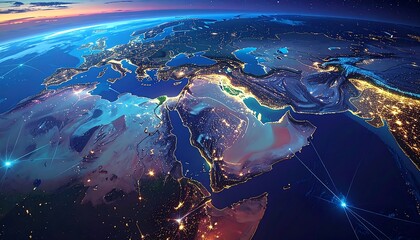 Global network connectivity, emphasizing the illuminated regions of Europe and the Middle East, with highlighted city lights and connecting lines.