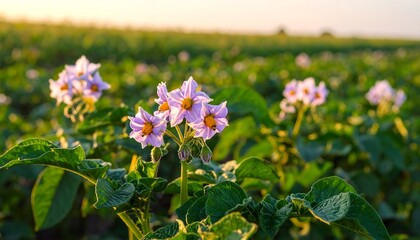 Delicate, light purple potato blossoms stand out amidst a vibrant field of green foliage at sunset.