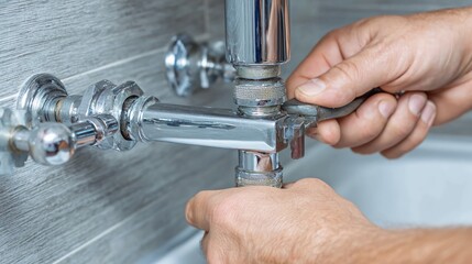 Skilled plumber tightening shiny chrome faucet with adjustable wrench in modern bathroom, offering plumbing solutions for home repair and maintenance needs, ensuring quality workmanship