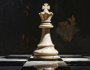 A regal white chess queen stands poised on a dark checkered board, illuminated by a dramatic light source.