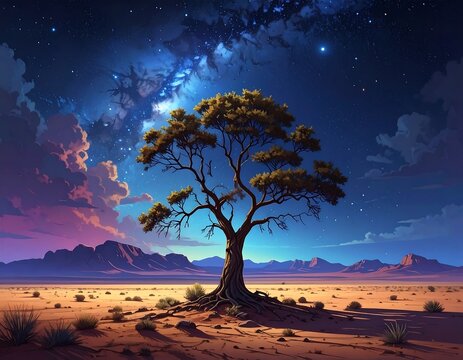 A lone, majestic tree stands sentinel in a vast, starlit desert landscape, bathed in the warm hues of twilight. - Powered by Adobe
