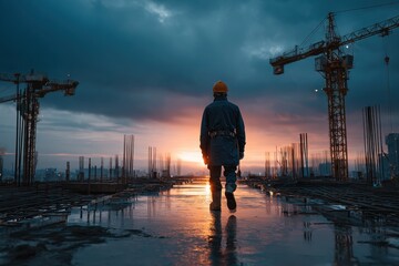 Silhouette of a construction worker walking on site during sunset with cranes in the background and reflective surfaces showing building materials and tools