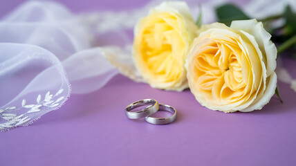 Two silver wedding rings rest on a purple surface next to delicate yellow roses and white lace
