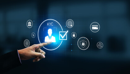 Digital KYC verification with biometric scan, ID authentication, and financial security icons representing identity verification, secure onboarding, fraud prevention, and compliance Vouch