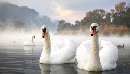 Two graceful swans glide serenely on a misty lake, bathed in soft morning light.