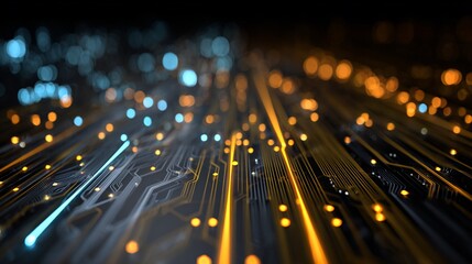 Futuristic circuit board with data flowing, bokeh background, used for technology visuals