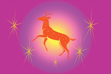Santa’s sleigh outlined in neon light, pulled by glowing reindeer flying across a starry sky
