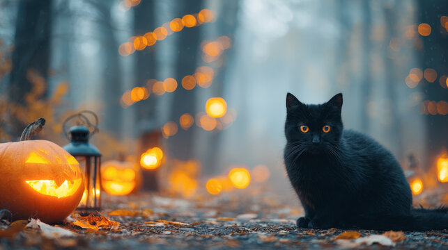 An atmospheric Halloween portrait of a gorgeous black cat with bright orange eyes, sitting in an autumn forest next to a glowing jack-o'-lantern. Ethereal fog and warm bokeh lights create a mysterious - Powered by Adobe